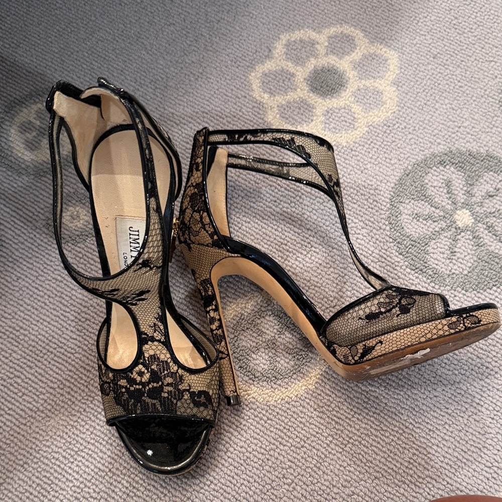 Jimmy Choo Elegant Black and Tan Lace Heels